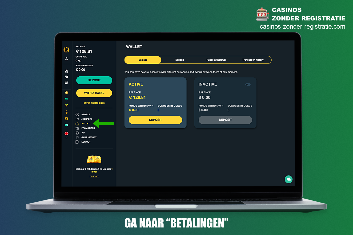 Om geld op te nemen van een casino zonder licentie - moet je eerst naar het tabblad betalingen gaan