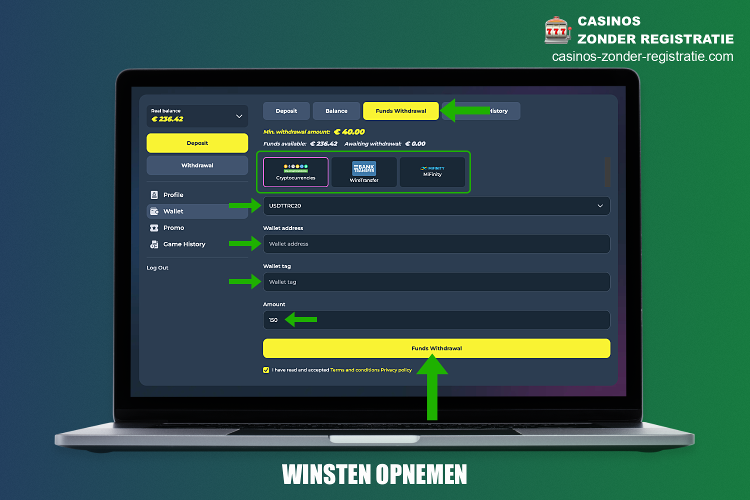 Om geld op te nemen van online casino's met snelle winsten - moet je de juiste sectie op de site bezoeken en de handigste opnamemethode kiezen