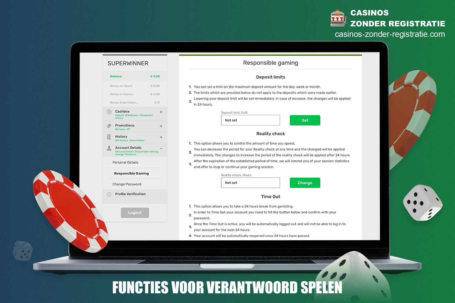 Het is het beste om te kiezen voor een casino zonder registratie dat functies voor verantwoord spelen biedt en gebruikers toestaat om stortingslimieten te beperken, evenals de mogelijkheid om zichzelf uit te sluiten als dat nodig is