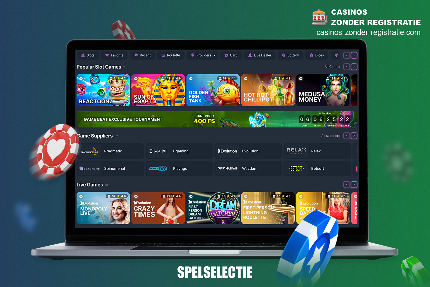 Om het beste casino zonder registratie te kiezen, moet je als gebruiker letten op de spelbibliotheek en het aantal softwareleveranciers