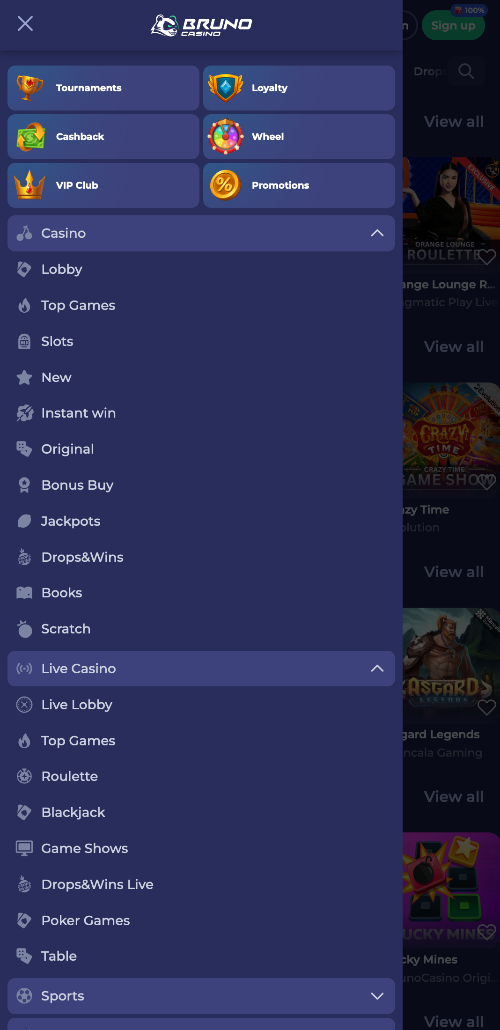 Het hoofdmenu van Bruno Casino is ontworpen om snel te navigeren tussen de belangrijkste secties van het platform