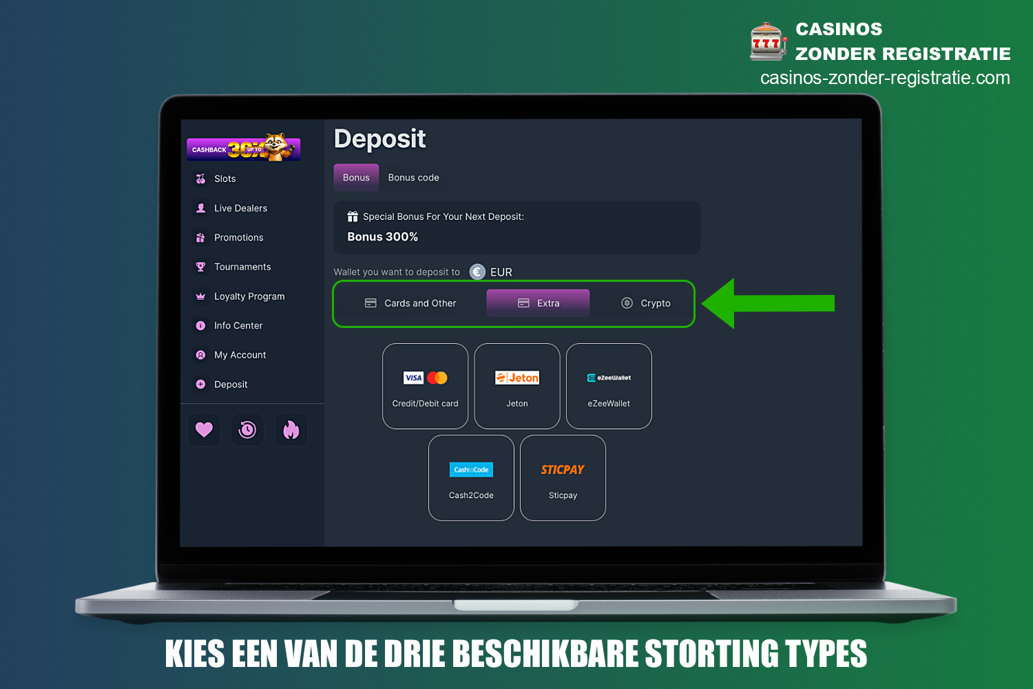 Om geld te storten op je account bij RichPrize Casino, moet je eerst het stortingstype selecteren