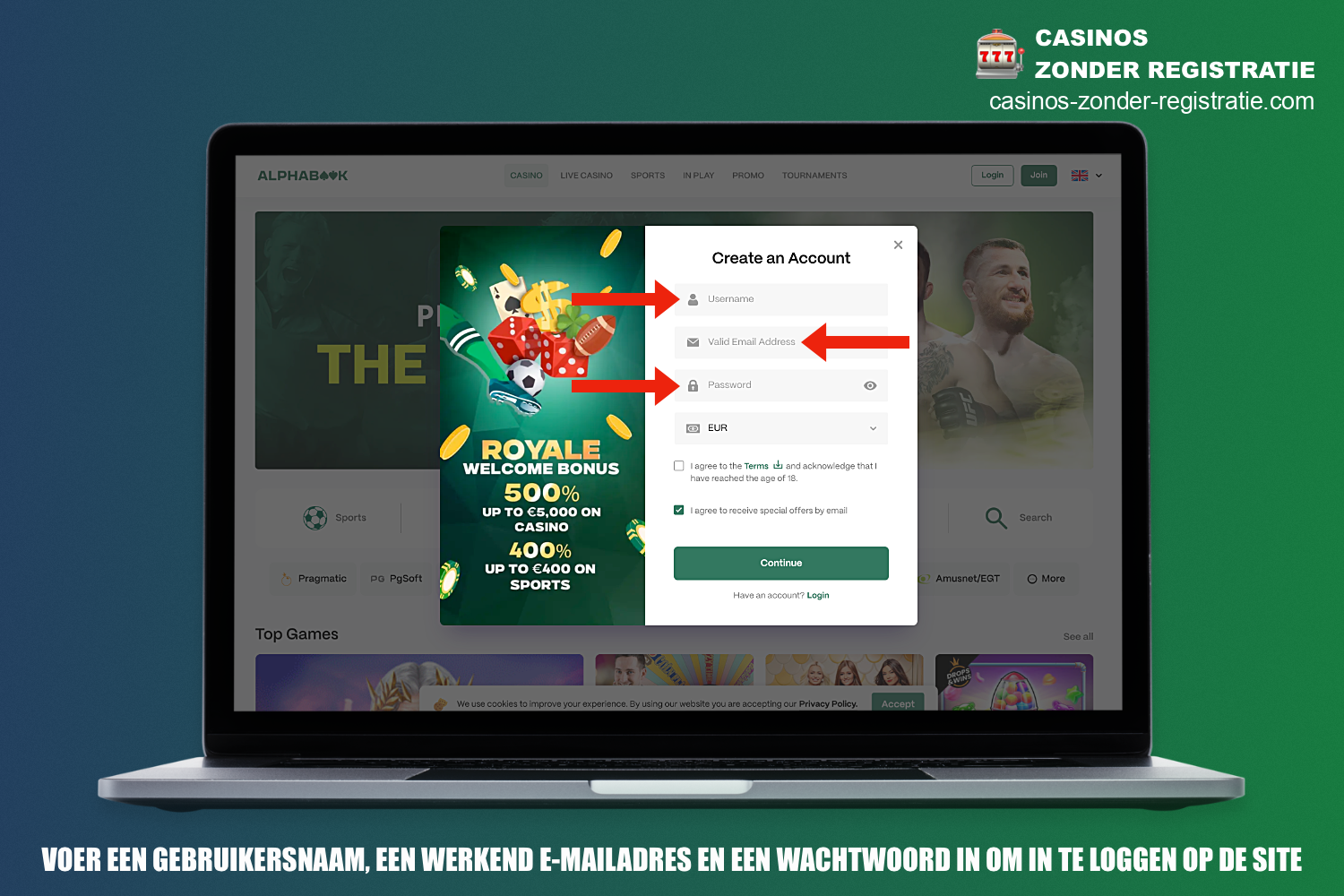 Tijdens de registratie bij Alphabook vraagt het casino om een gebruikersnaam, een geldig e-mailadres en een wachtwoord