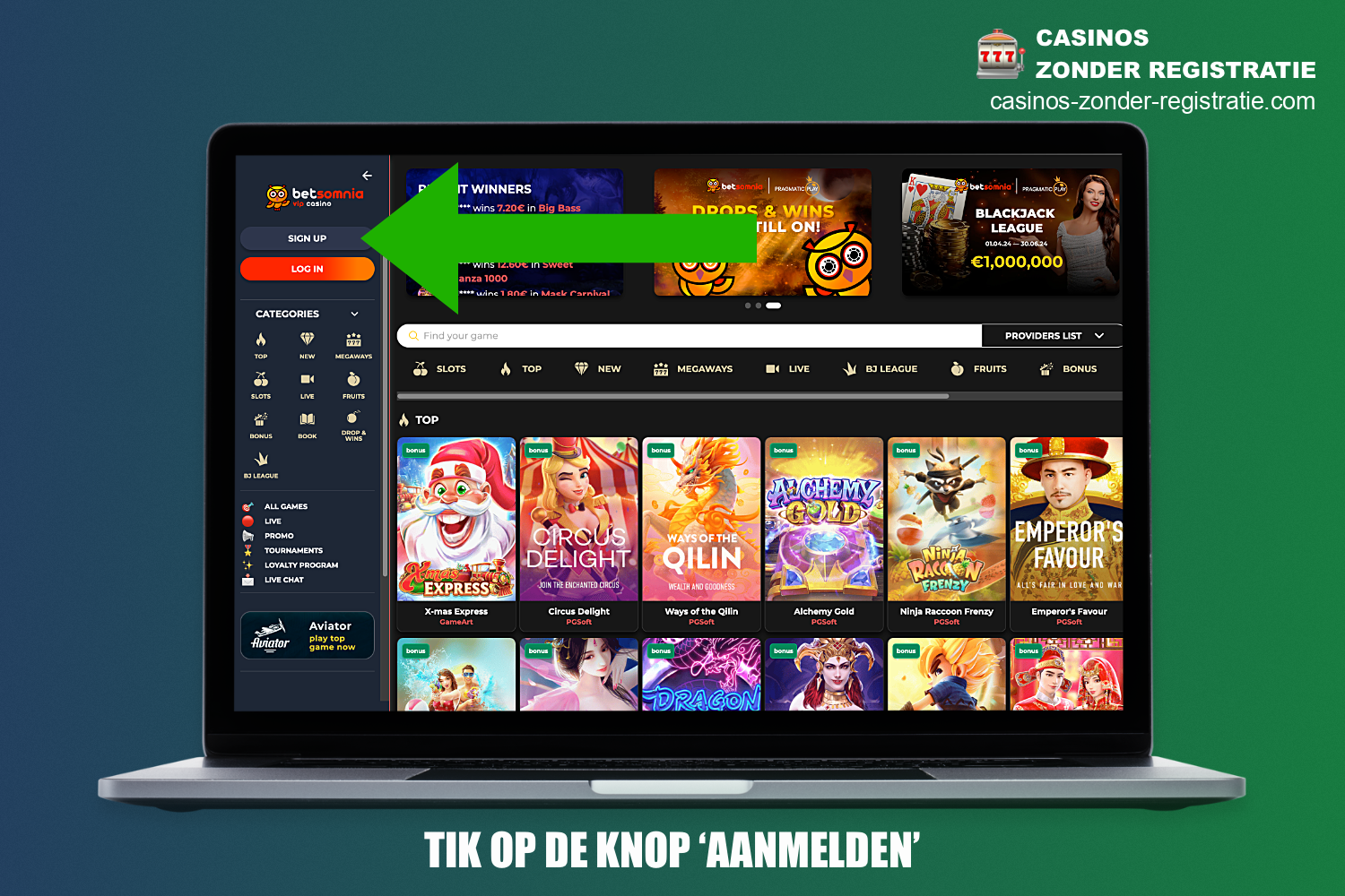 Registratie bij Betsomnia Casino begint door het openen van de officiële website en te klikken op de juiste knop