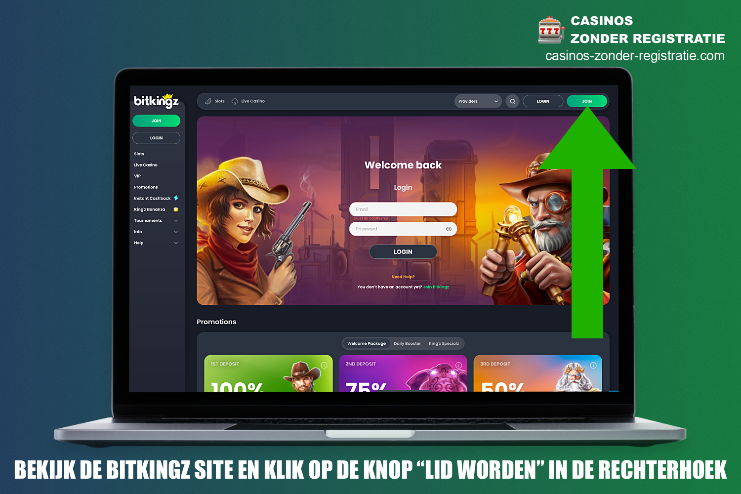 Registratie bij BitKingz Casino begint met de gebruiker die de officiële website bezoekt en op de juiste knop klikt