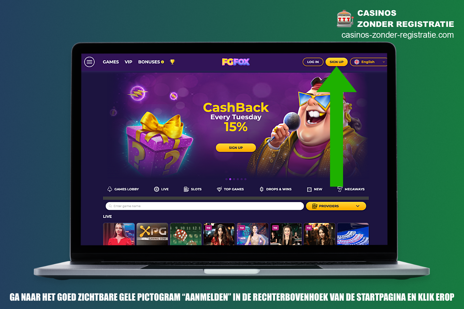 Om het registratieproces bij FGFox Casino te starten moet je de officiële website bezoeken en op de bijbehorende knop klikken