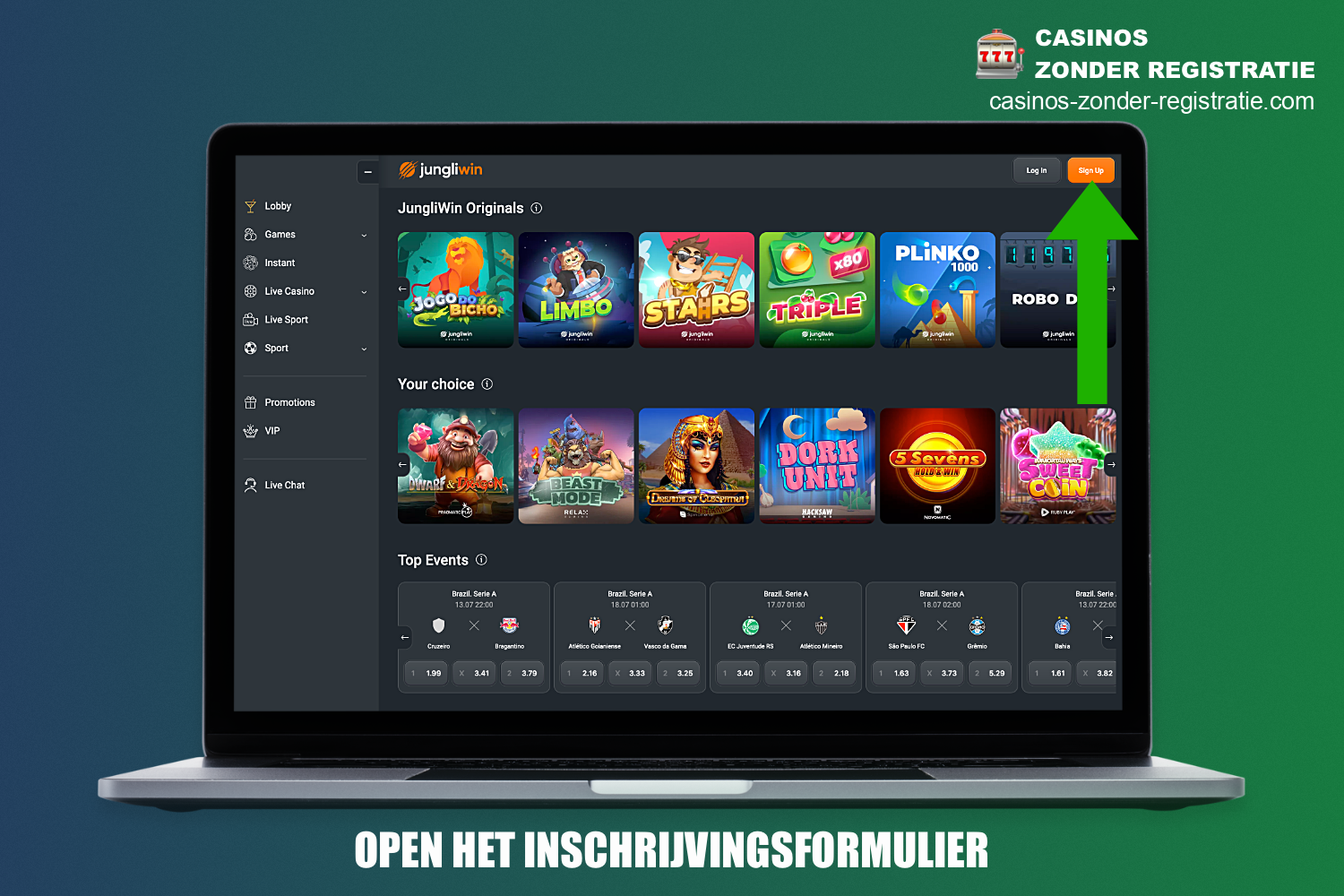 Om je te registreren bij JungliWin Casino moet je naar de officiële website gaan en klikken op de knop Registreren