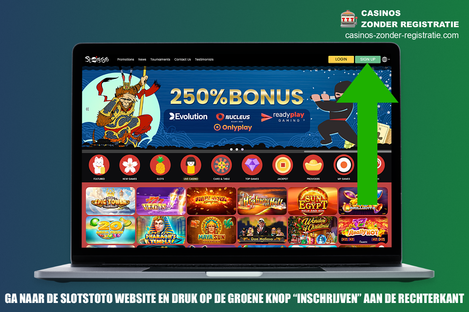 Om te beginnen met registreren bij SlotsToto, moet je de officiële website van het casino bezoeken en op de knop Registreren klikken