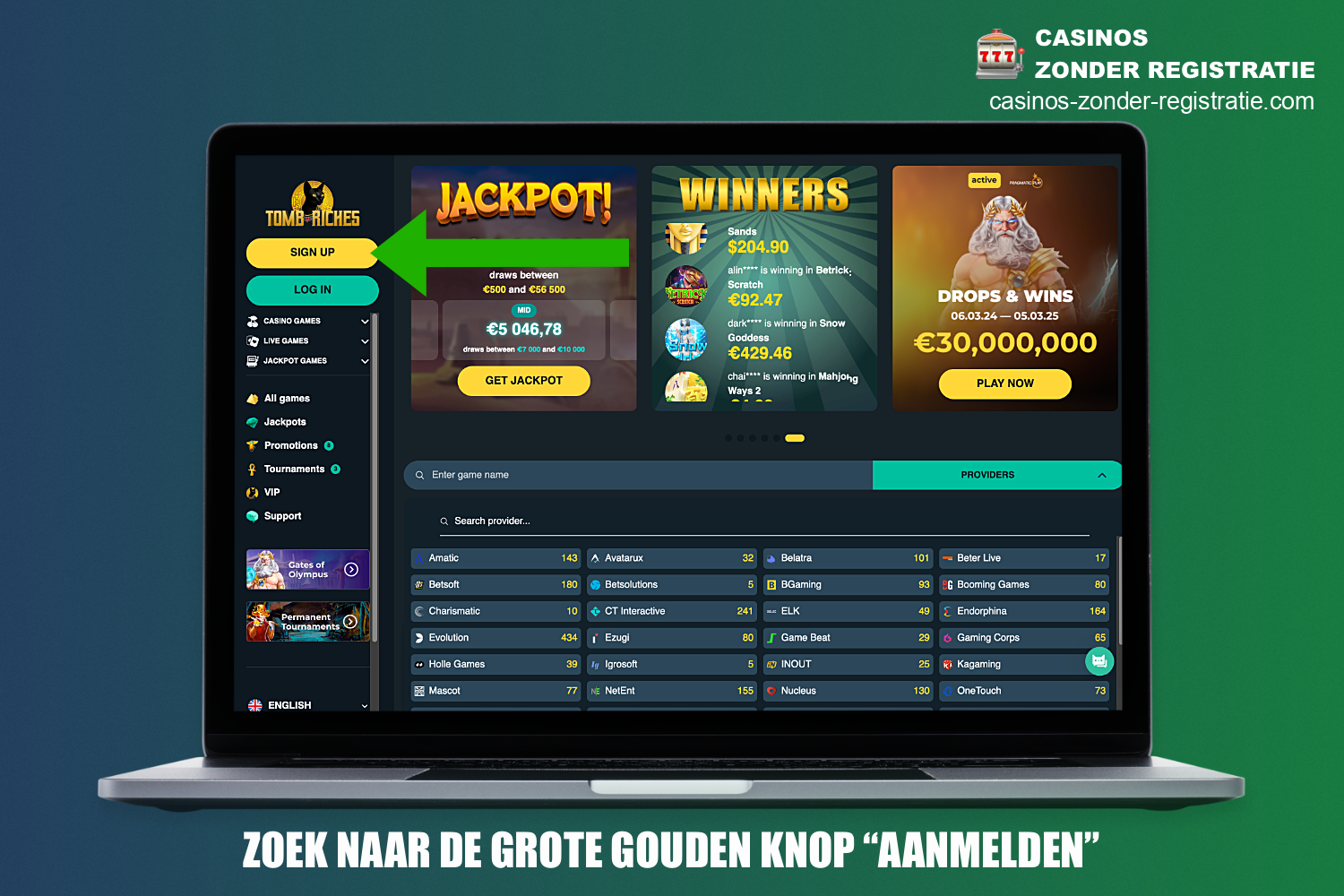 Om een account aan te maken bij Tomb Riches Casino - ten eerste moet je de officiële website bezoeken en klikken op de knop Registreren