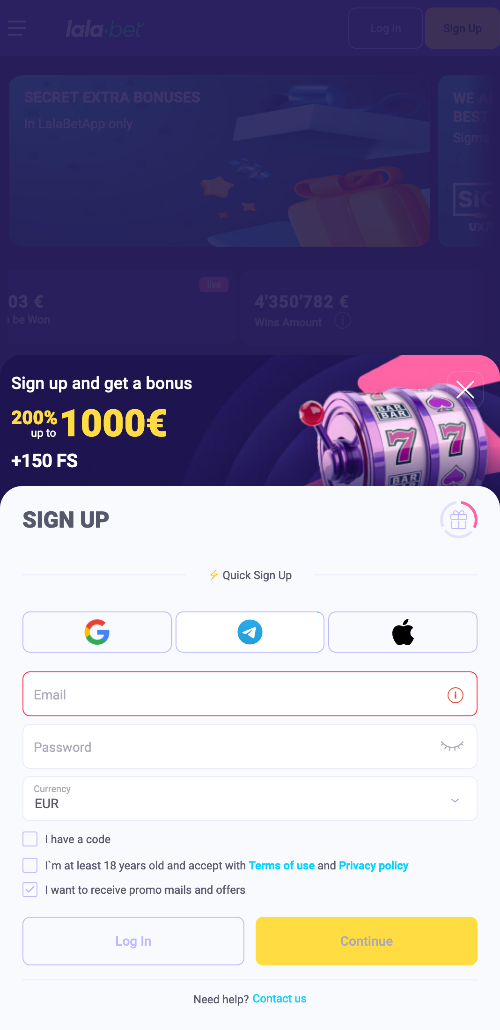 Een eenvoudige registratie in de Lalabet app geeft gebruikers toegang tot alle features en functies van het casino