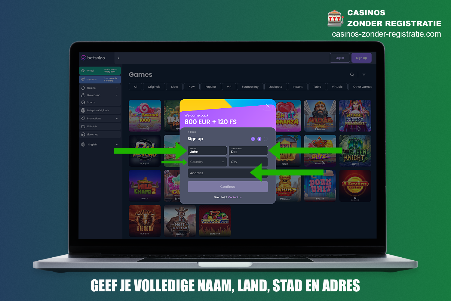 In de tweede stap van de registratie bij Betspino Casino moet je persoonlijke informatie invoeren