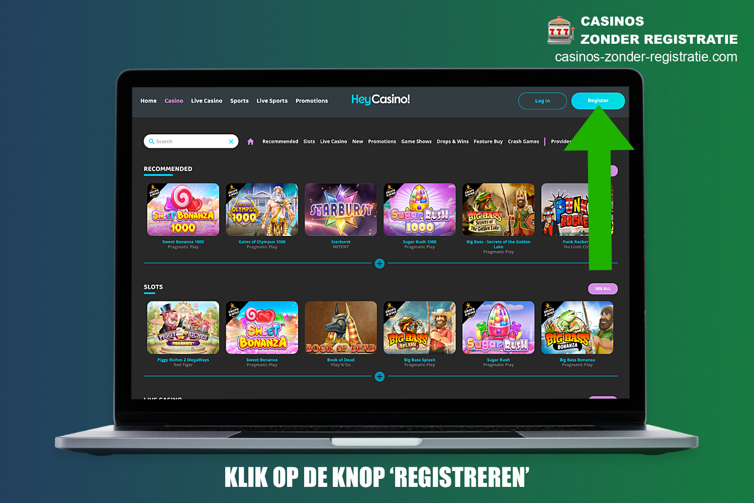 Om een account aan te maken bij HeyCasino klik je op de Registreer knop in de rechterbovenhoek