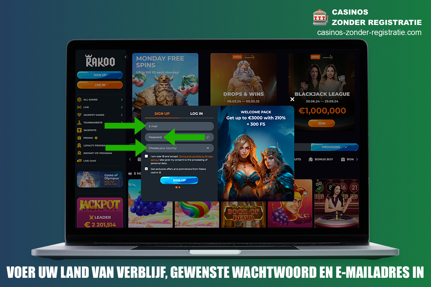 Wanneer je je registreert bij Rakoo Casino, moet je een up-to-date e-mailadres opgeven, een sterk wachtwoord verzinnen en je land van verblijf kiezen