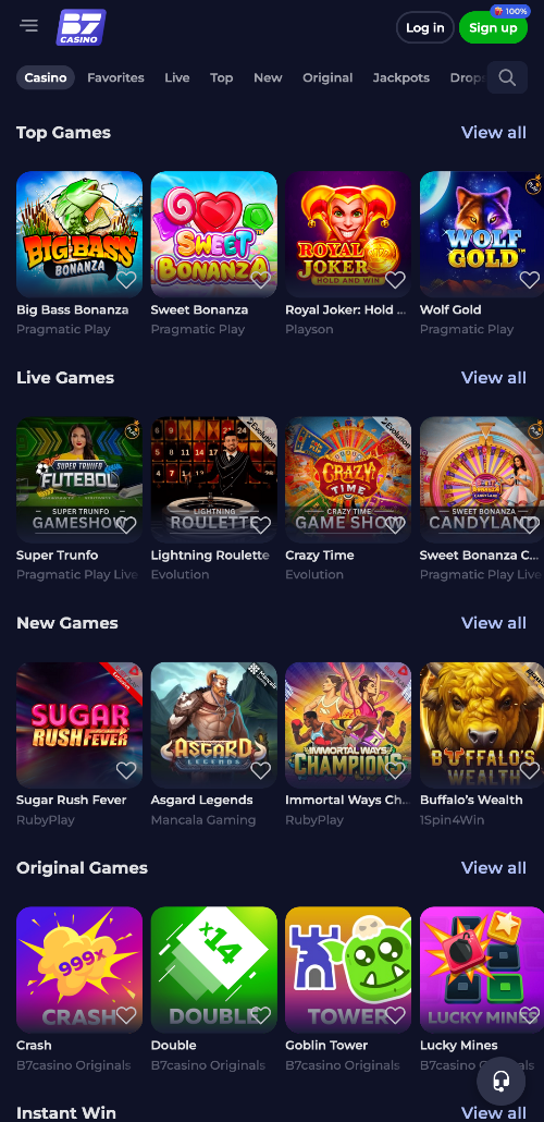 De website van B7 Casino toont spellen uit de populairste categorieën