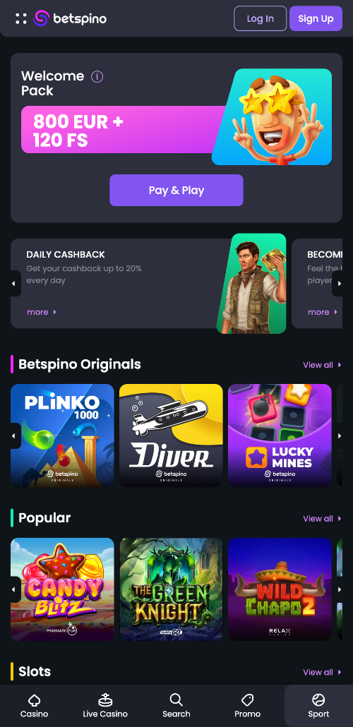 De homepage van Betspino Casino toont huidige bonussen, populaire spellen en meer