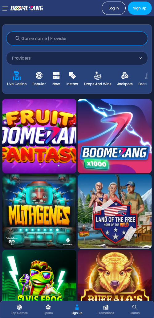 De homepage van Boomerang Casino toont de populairste en interessantste online spellen, actuele bonussen en andere nuttige informatie