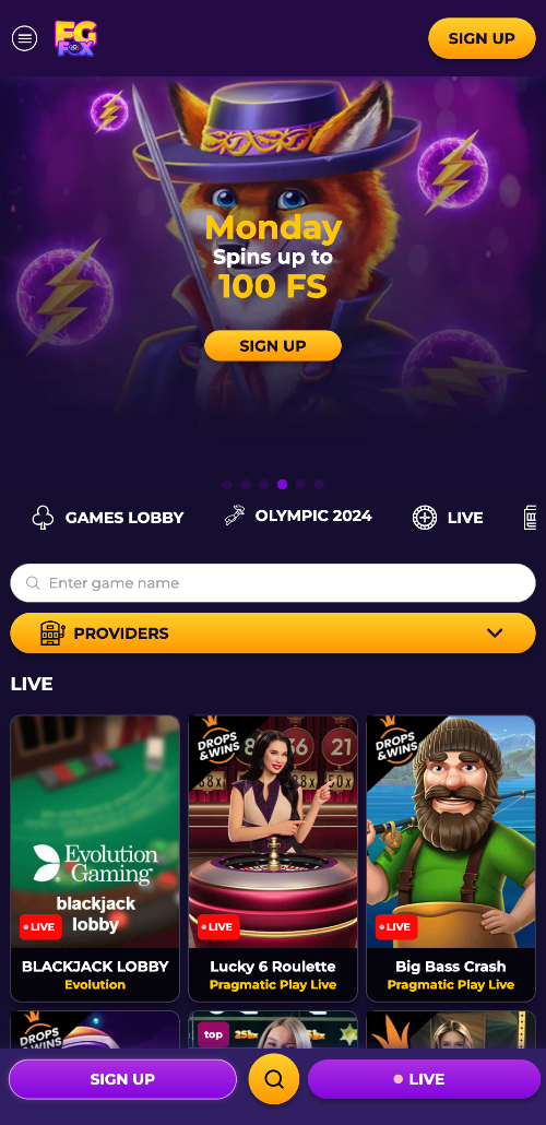 De homepage van FGFox Casino toont de huidige bonussen, de populairste spelcategorieën en andere nuttige informatie