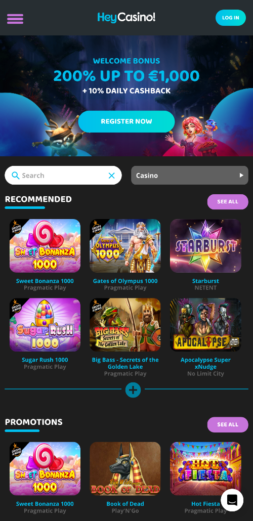 De homepage van HeyCasino toont verschillende spelcategorieën, huidige bonussen en andere nuttige informatie