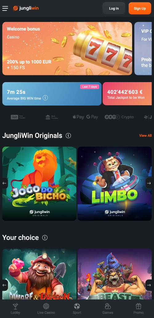 De startpagina van de JungliWin app toont de huidige bonussen en populaire spellen