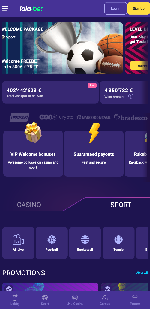 De hoofdpagina van de Lalabet app toont actuele sportevenementen, de populairste spellen, actuele bonussen en nog veel meer.