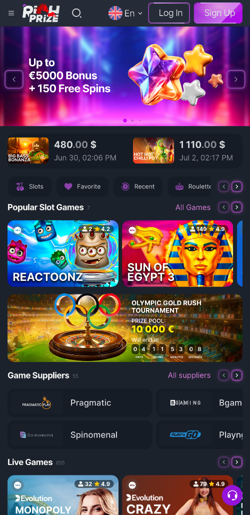 De RichPrize Casino homepage geeft de meest actuele bonussen, populaire spellen, topaanbieders en meer weer