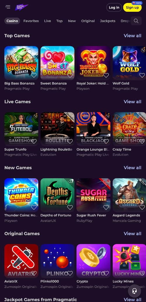 De homepage van ZumoSpin Casino toont de populairste spelcategorieën, nieuwe bonussen en andere nuttige informatie