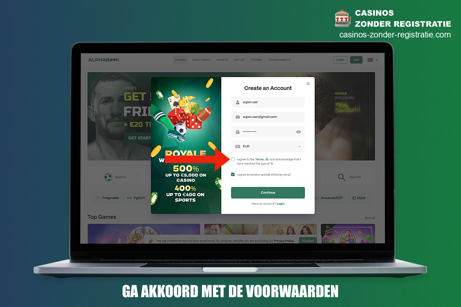 Tijdens het registratieproces bij Alphabook Casino moet de gebruiker de regels van het platform leren kennen en ermee akkoord gaan