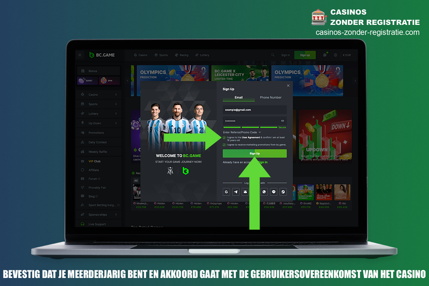 Voordat de registratie bij BC Game Casino wordt voltooid, moet worden bevestigd dat de gebruiker meerderjarig is en moet worden ingestemd met de algemene voorwaarden van de online instelling