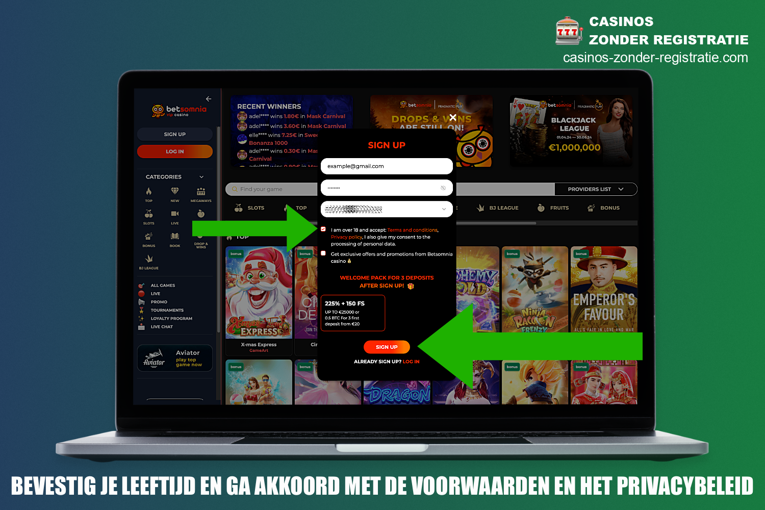 Voordat u het aanmaken van een account bij Betsomnia Casino afrondt, moet u de regels van het platform lezen en bevestigen dat de speler ouder is dan 18 jaar