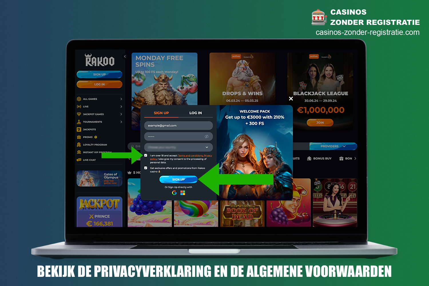 De volgende stap bij het registreren bij Rakoo Casino is om jezelf bekend te maken met de algemene voorwaarden van het platform en deze te accepteren