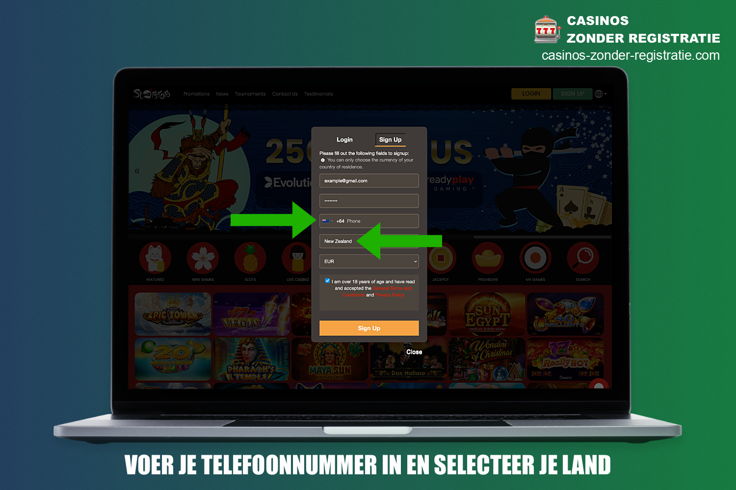 Tijdens het registratieproces bij SlotsToto zal het casino je vragen om je telefoonnummer in te voeren en het land waar je woont te selecteren