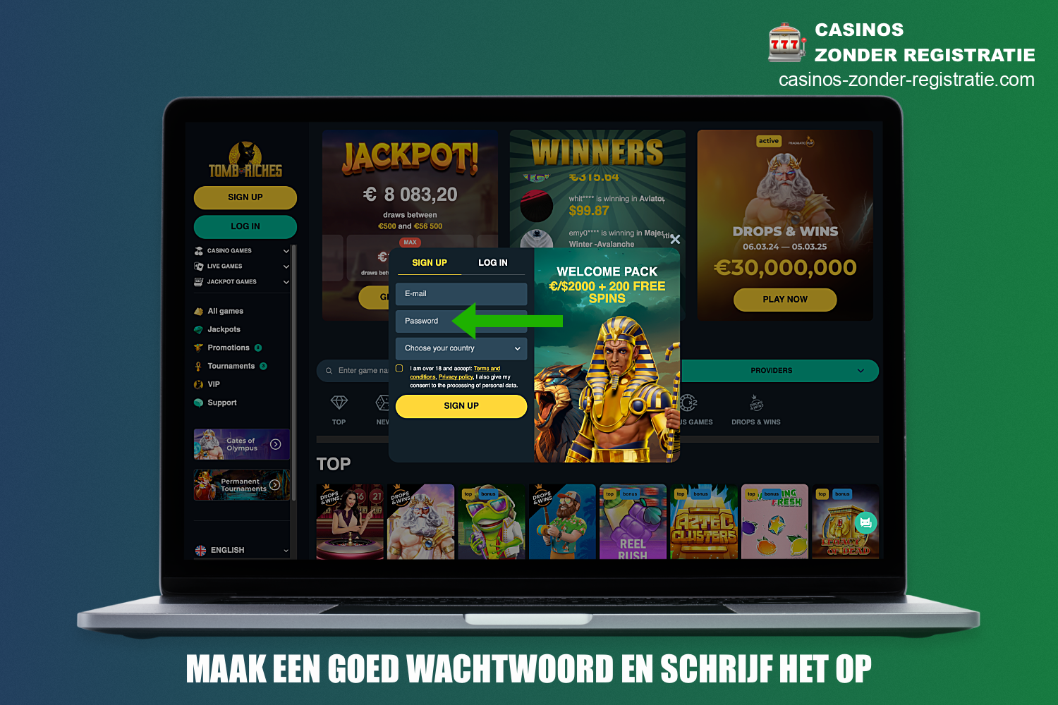 In de volgende stap van de registratie bij Tomb Riches Casino moet je een uniek wachtwoord bedenken