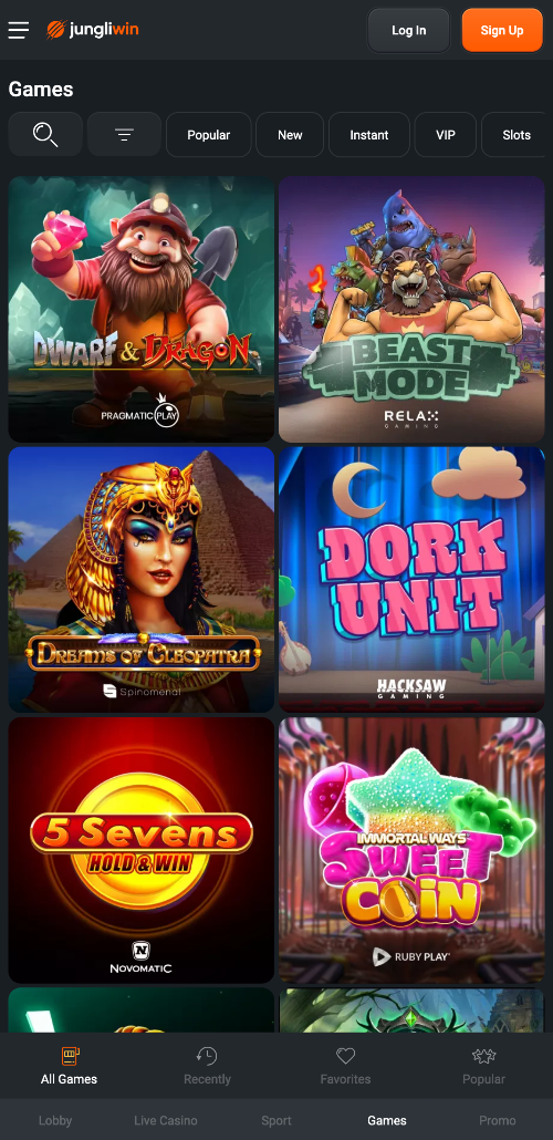 Net als op de website, biedt de JungliWin mobiele app gebruikers een spelletjessectie met een enorme verzameling verschillende spellen, en voor het gemak zijn ze ingedeeld per categorie