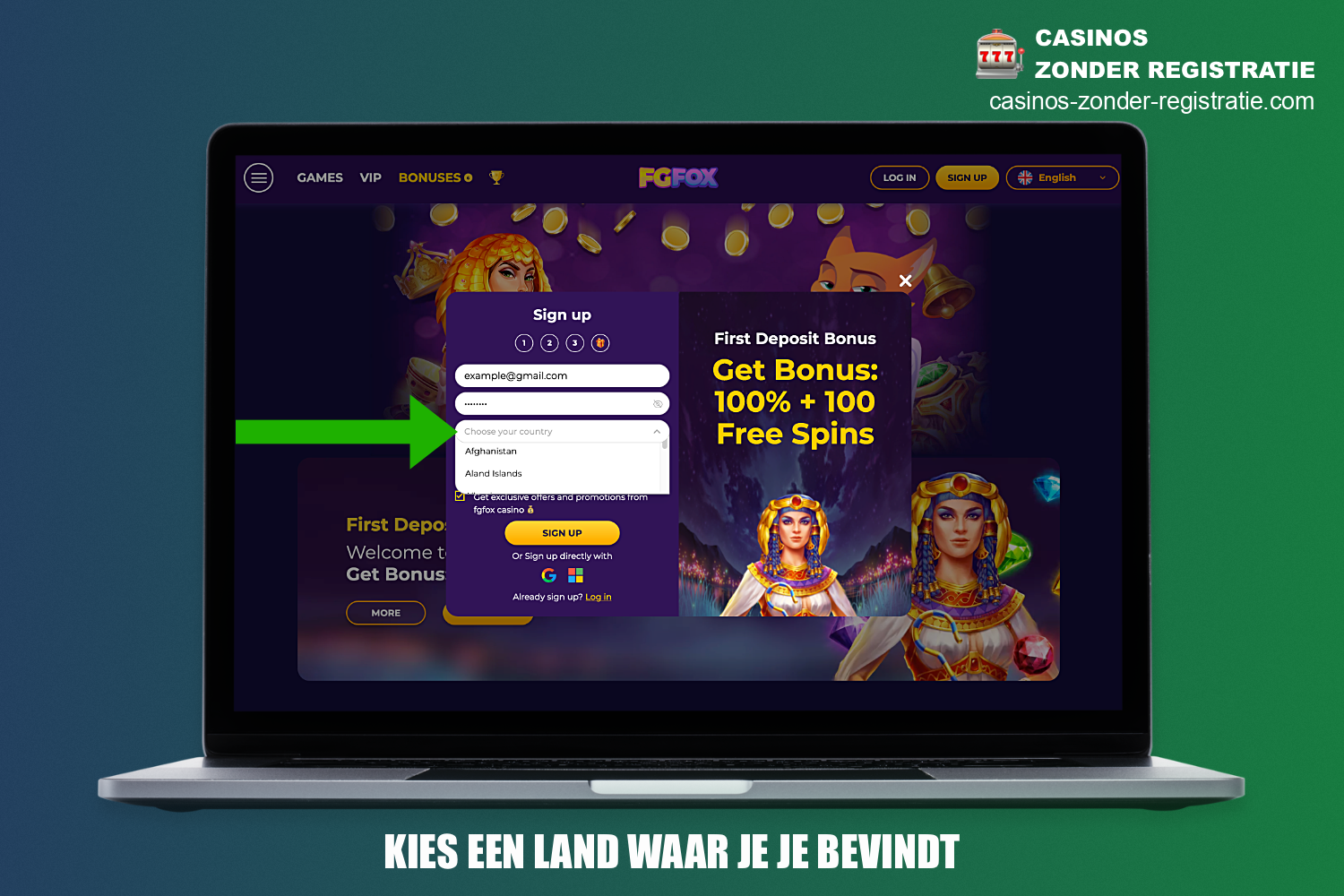 In de volgende stap van de registratie bij FGFox Casino moet je het land waar je woont opgeven