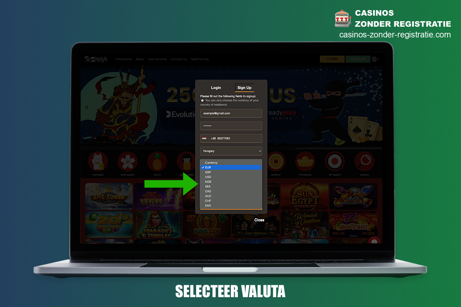 In de volgende fase van de registratie bij SlotsToto casino moet je de munteenheid kiezen waarin transacties in de toekomst zullen worden uitgevoerd