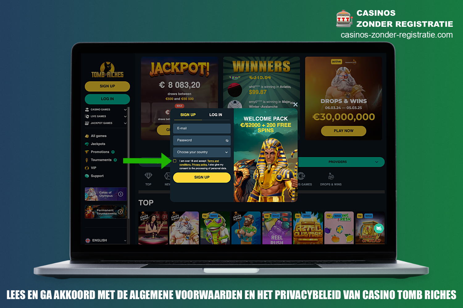 Je moet de algemene voorwaarden van het casino lezen en ermee akkoord gaan voordat je de registratie bij Tomb Riches Casino voltooit