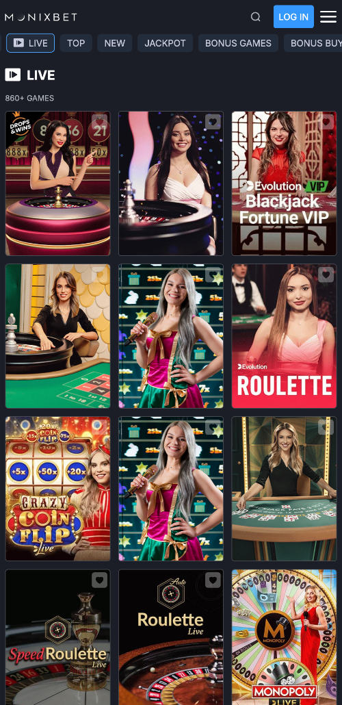 Bij MonixBet online casino kunnen alle geregistreerde gebruikers live casinospellen spelen met live dealers