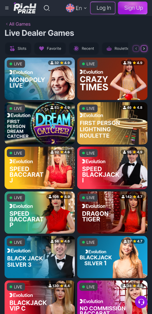 Naast de gebruikelijke online spellen bij RichPrize Casino, hebben gebruikers toegang tot een live casino sectie met live dealers