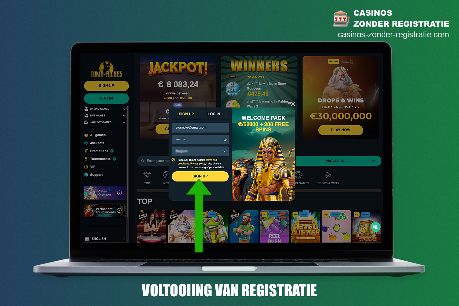 Zodra de gebruiker alle verplichte velden heeft ingevuld, moet op de bijbehorende knop worden geklikt om de registratie bij Tomb Riches Casino te voltooien