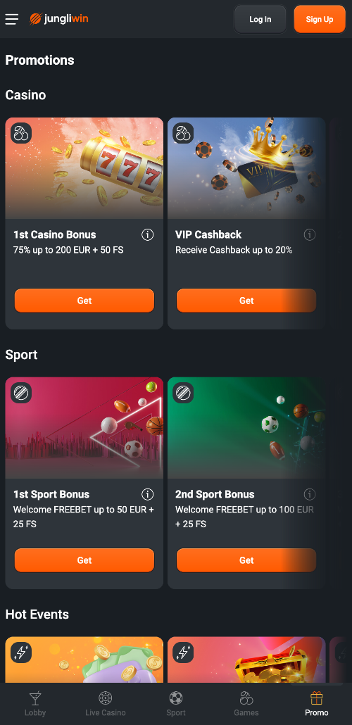 Zowel op de officiële website als op de JungliWin mobiele app zijn er verschillende bonussen en promoties beschikbaar voor gebruikers