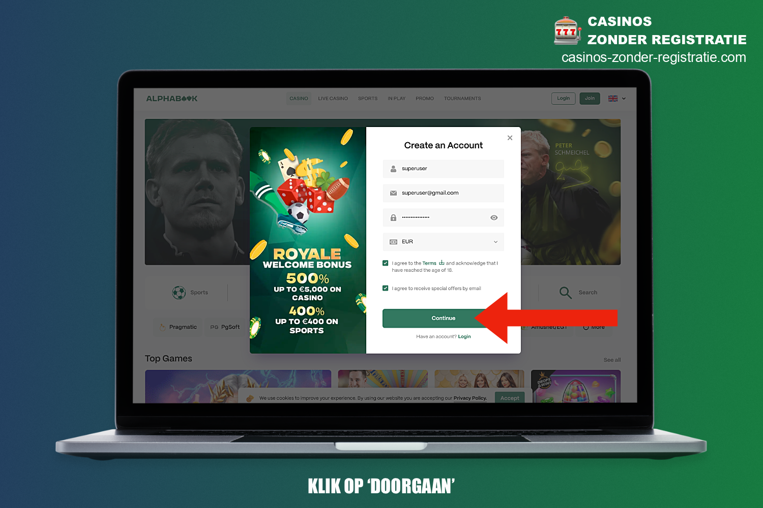 Om deze fase van registratie bij Alphabook Casino te voltooien, moet je op de bijbehorende knop klikken