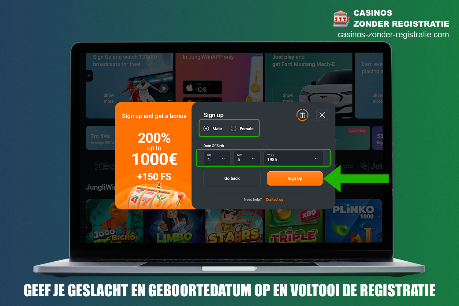 De laatste stap van de registratie bij JungliWin Casino is het invoeren van je geslacht en geboortedatum, waarna je account wordt aangemaakt