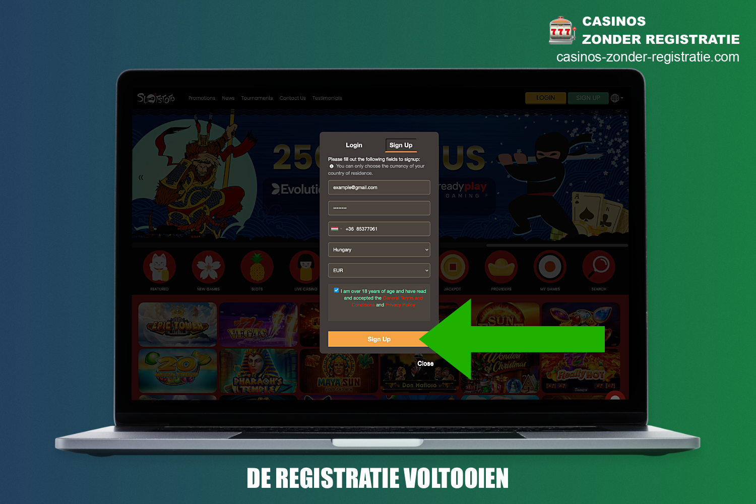 Om je registratie bij SlotsToto casino te voltooien moet je op de bijbehorende knop klikken