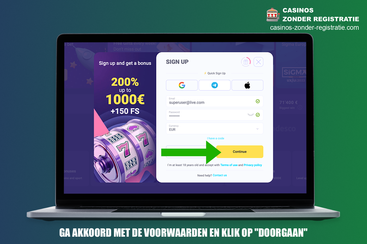 Tijdens het registratieproces bij Lalabet Casino moet je ook bevestigen dat je minstens 18 jaar oud bent en akkoord gaat met de algemene voorwaarden van het platform