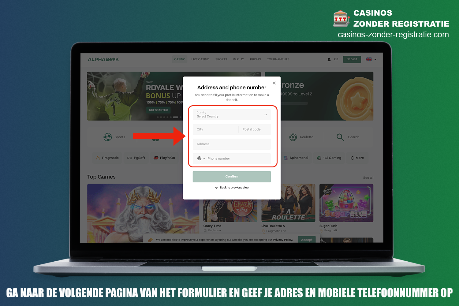 In de volgende stap van de registratie bij Alphabook Casino moet je persoonlijke informatie opgeven