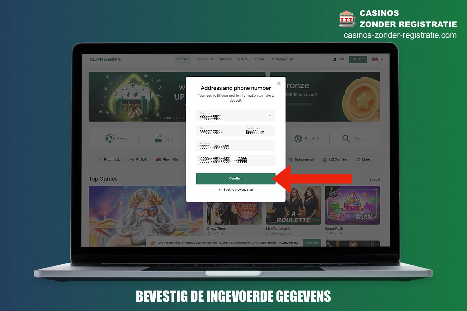 Om de registratie te voltooien en een account aan te maken bij Alphabook Casino, moet je op de bijbehorende knop klikken