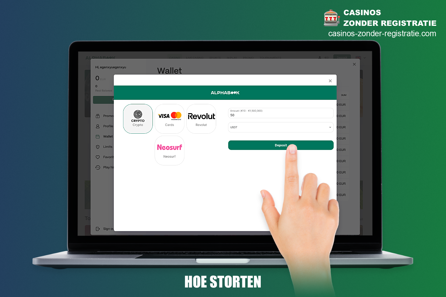 Om een storting te doen bij Alphabook Casino moet je een paar eenvoudige stappen volgen