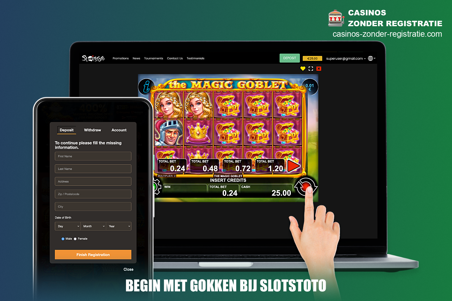 Om te beginnen met spelen bij SlotsToto casino voor echt geld is het voldoende om je te registreren en een acceptabel bedrag te storten op je accountsaldo