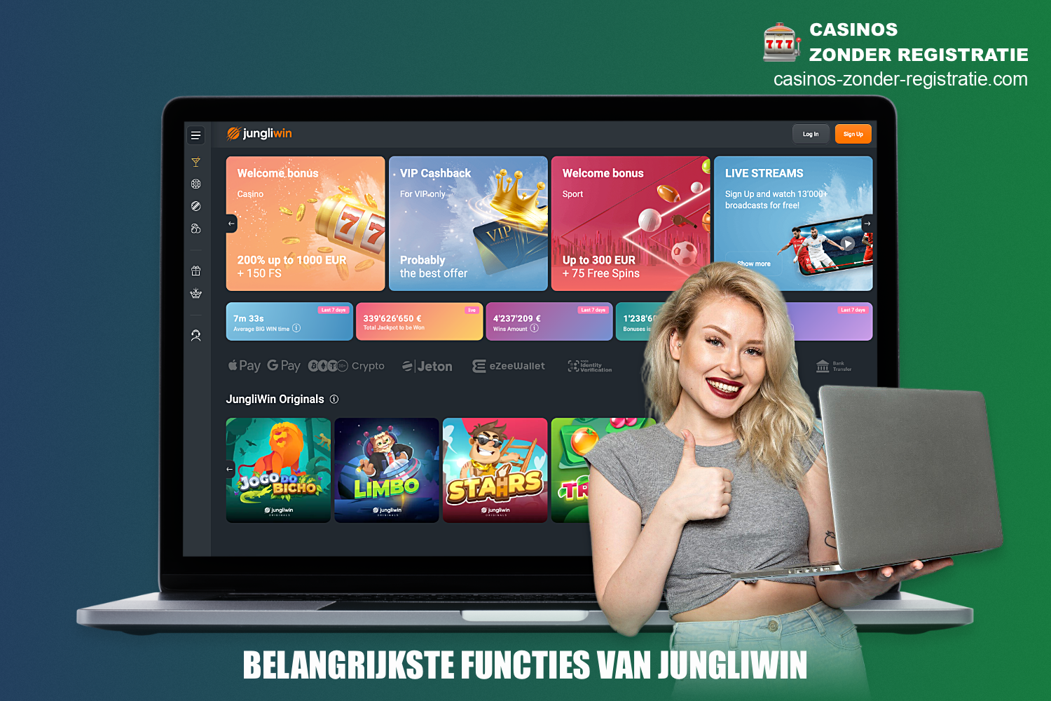 JungliWin online casino heeft een aantal functies, waaronder de mogelijkheid om cryptocurrency te gebruiken, duizenden spannende spellen te spelen, een merk-app te gebruiken en biedt gebruikers ook verschillende bonussen aan