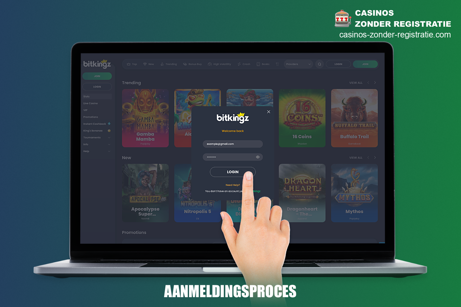 Om te autoriseren bij BitKingz casino moet je de login en het wachtwoord gebruiken die tijdens de registratie zijn opgegeven